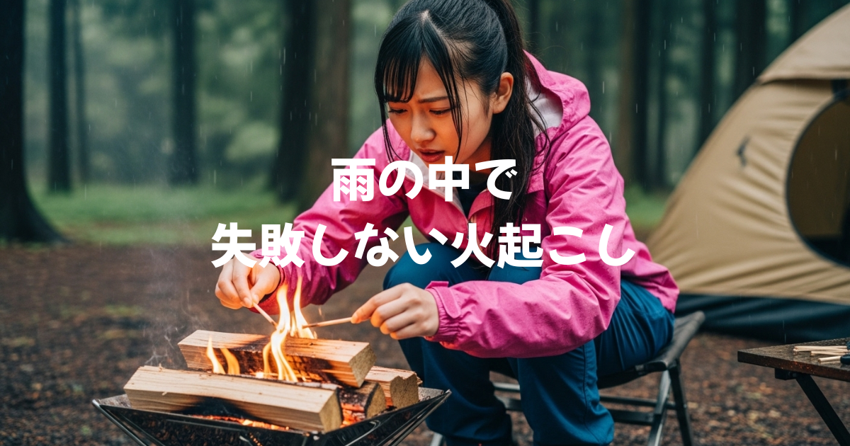 雨の中　火起こし　キャンプ