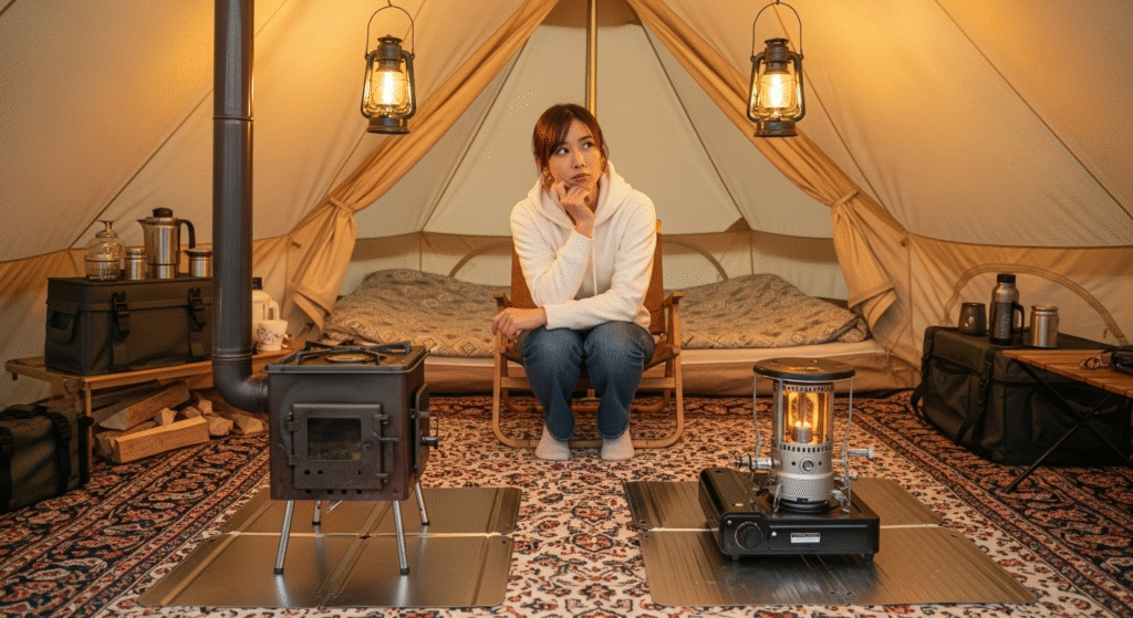 テント内 石油ストーブ 薪ストーブ どっち